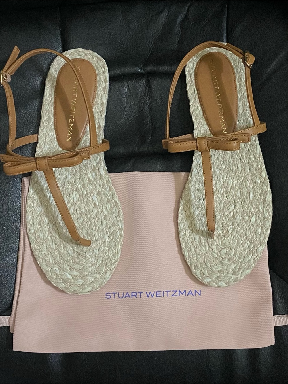 Stuart Weitzman Tan Braided Espadrille T-Strap Sandals with Bow